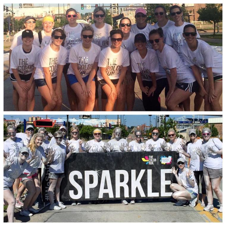 Color Run Shine Station volunteers, before and after. 